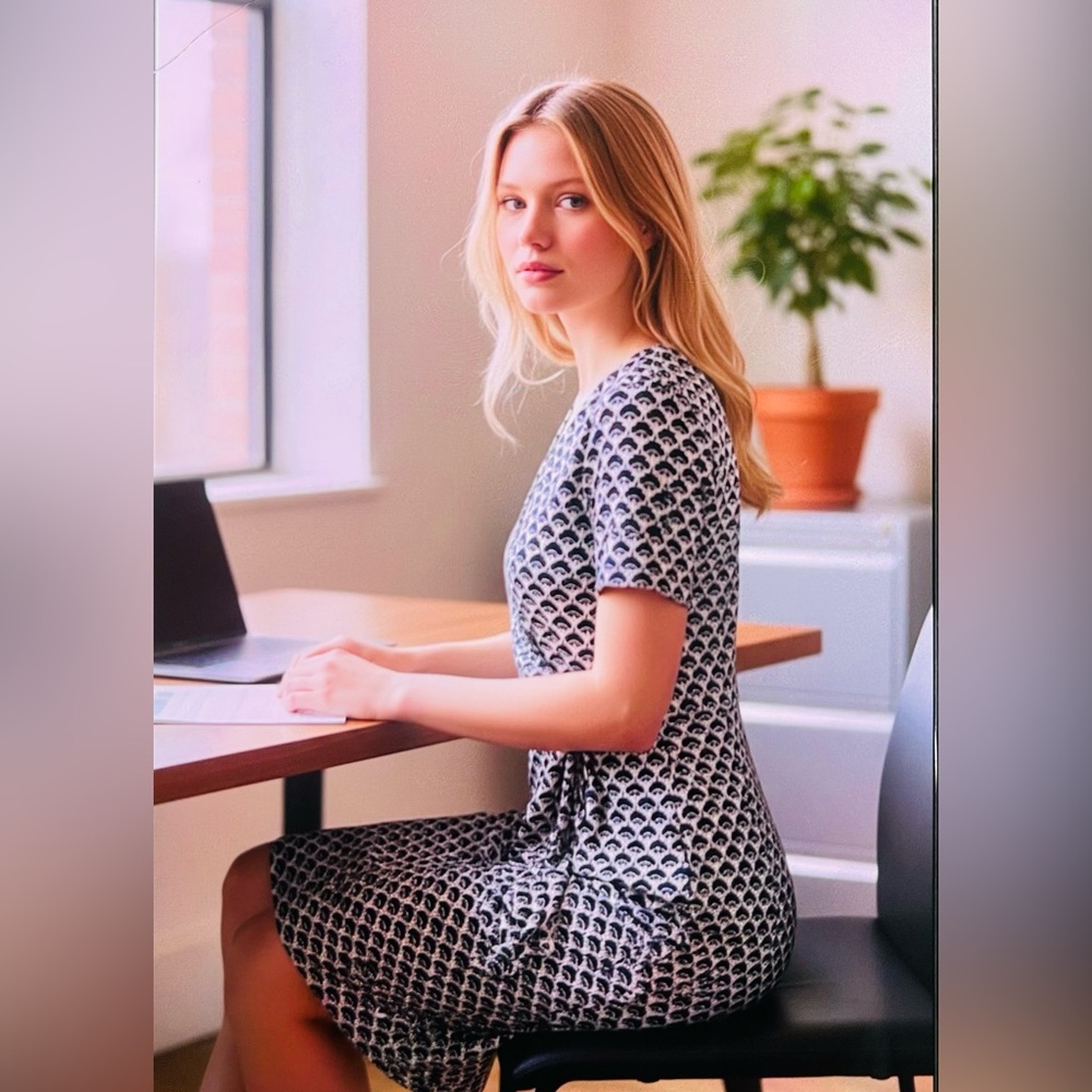 Talbots Blue navy and White Patterned Short Sleeve Dress
